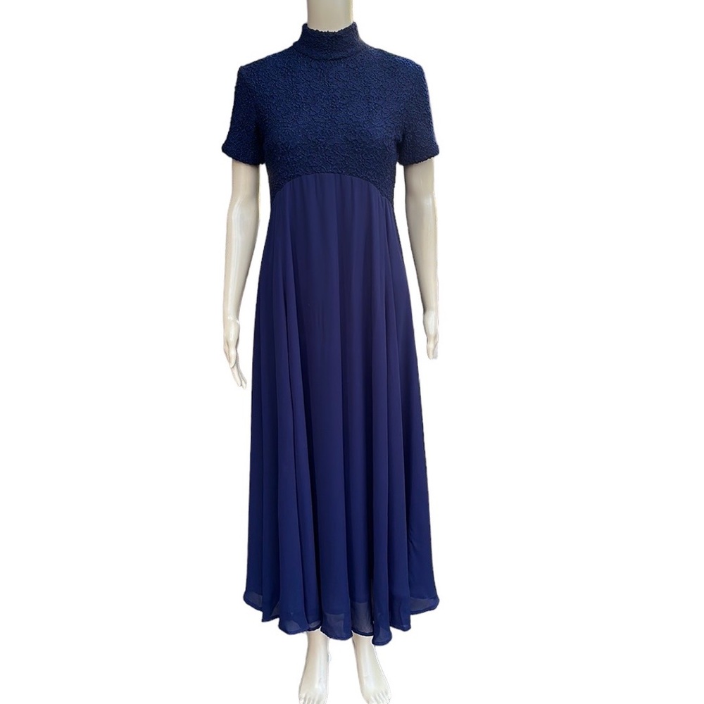 Vintage Bonnie Strauss Navy Blue Lace and Chiffon Fit and Flare Maxi Dress